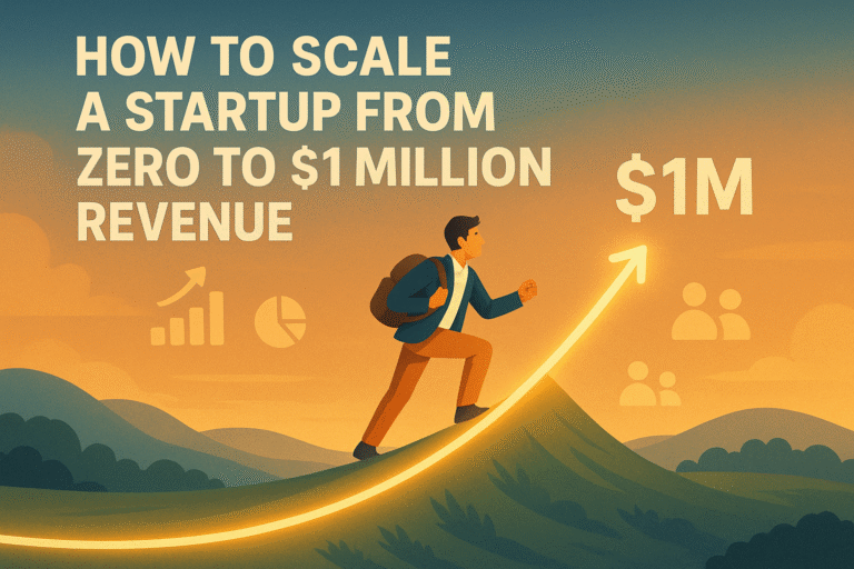 A startup founder climbing a glowing revenue graph that rises to $1M, surrounded by business icons like growth charts, customers, and team. Overlay text: “How to Scale a Startup from Zero to $1 Million Revenue”