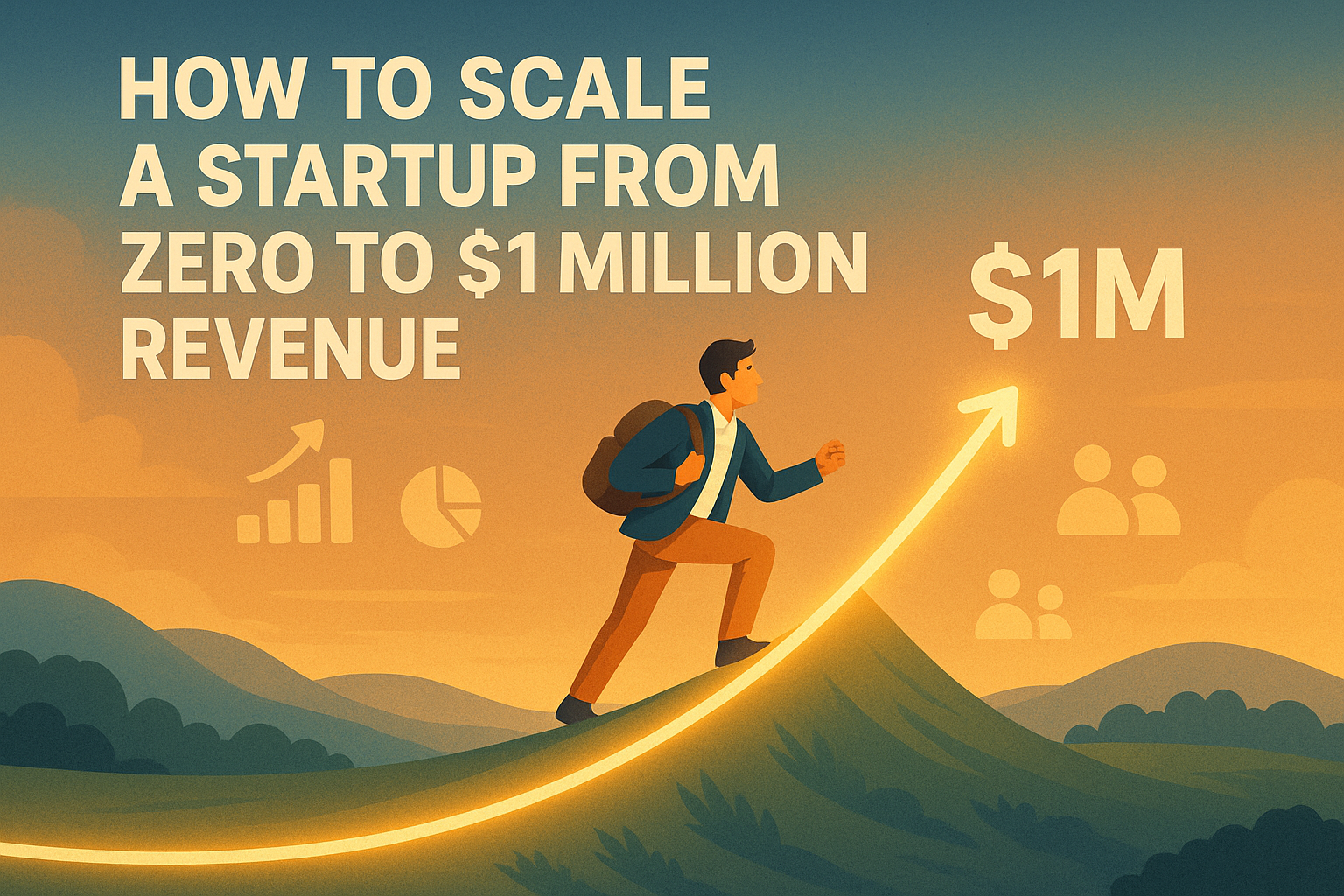 A startup founder climbing a glowing revenue graph that rises to $1M, surrounded by business icons like growth charts, customers, and team. Overlay text: “How to Scale a Startup from Zero to $1 Million Revenue”