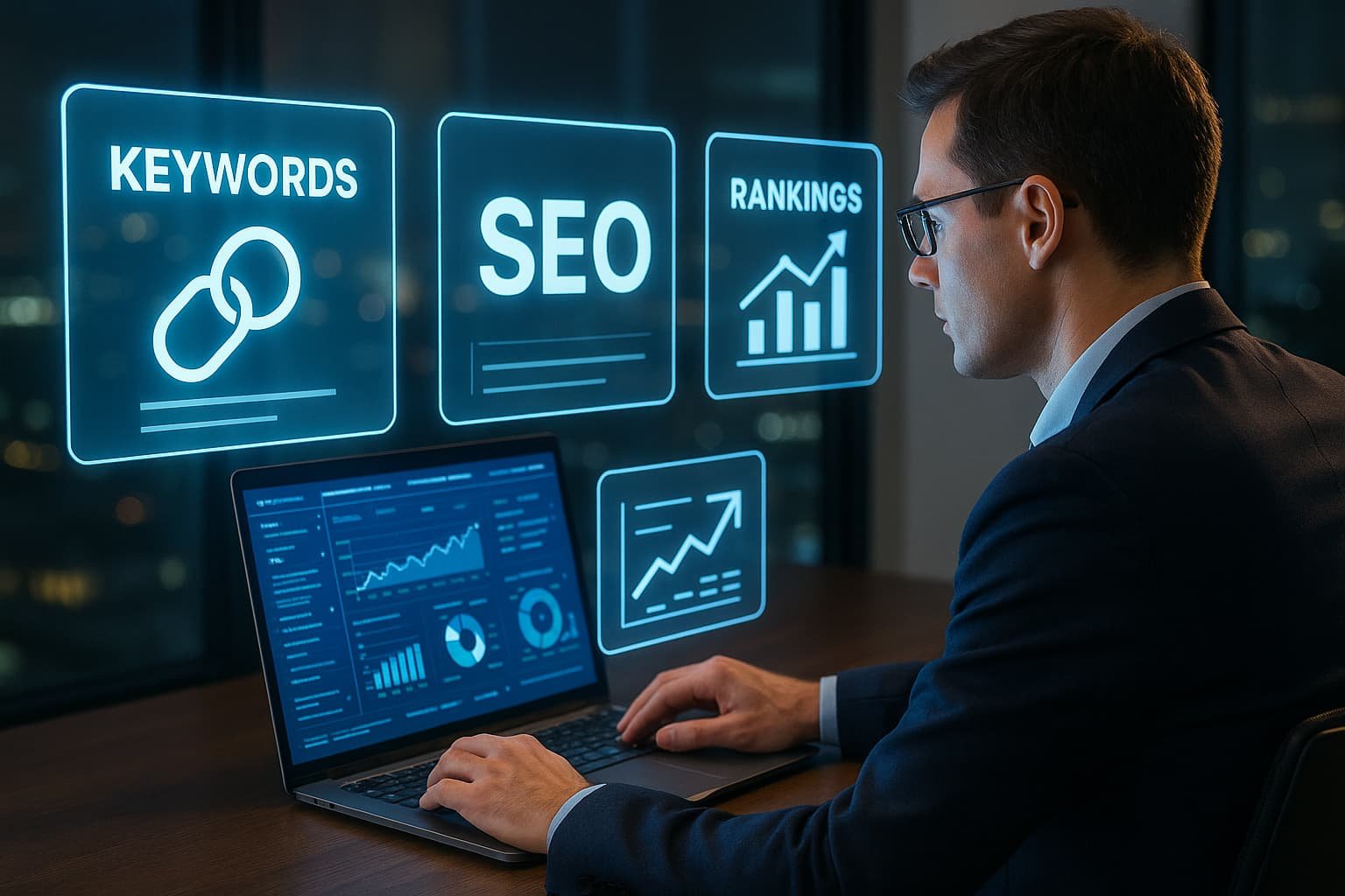 A business professional analyzing glowing SEO dashboards with icons for keywords