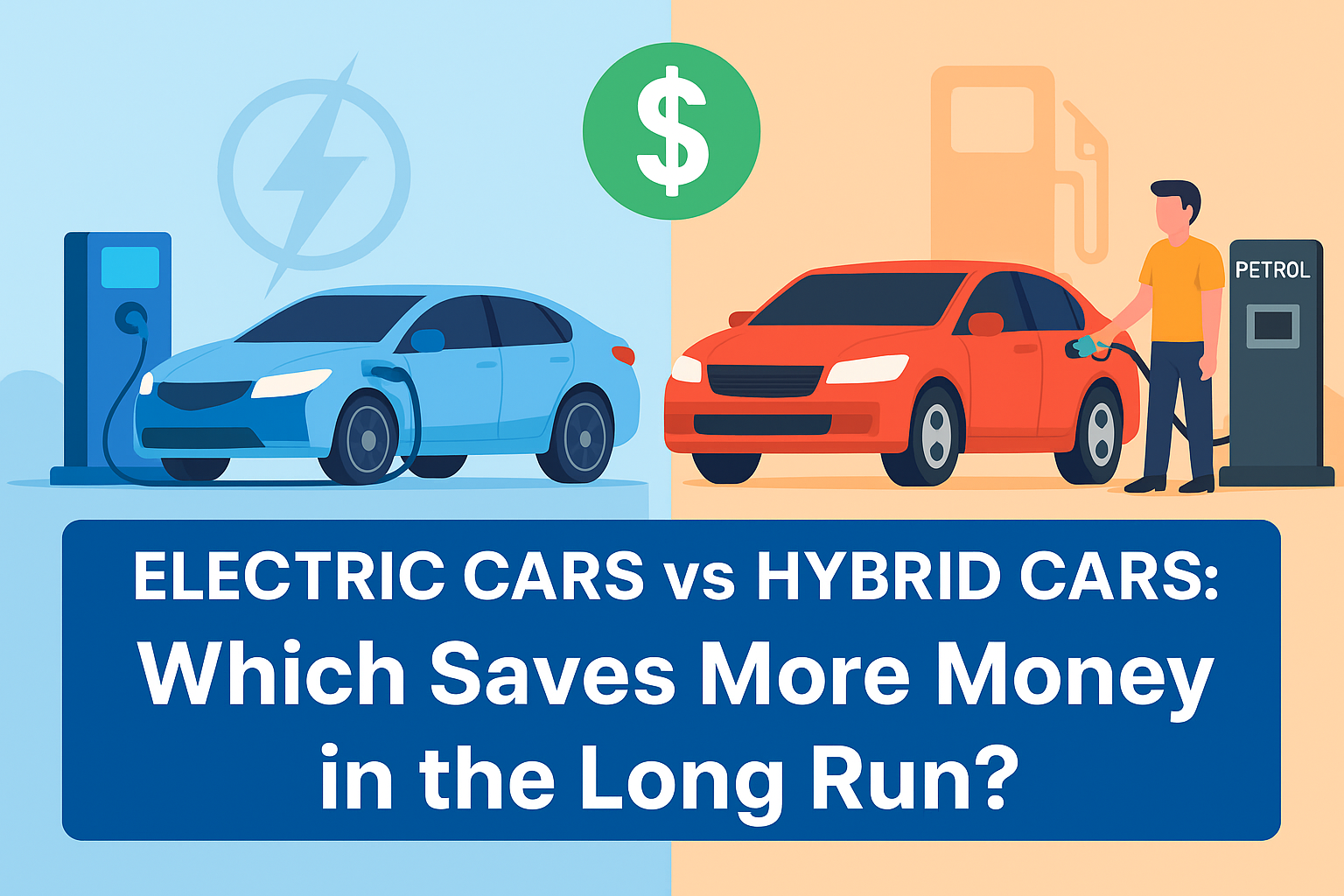 Comparison of electric car charging and hybrid car refueling with cost-saving icons