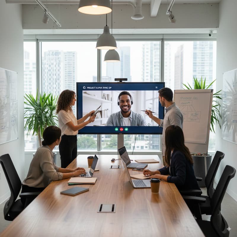 Hybrid team collaborating in office with remote colleague on video call